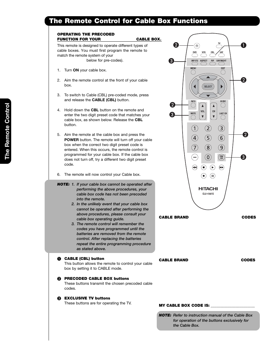 The remote control for cable box functions, The remote contr ol | Hitachi 65F59A User Manual | Page 28 / 75