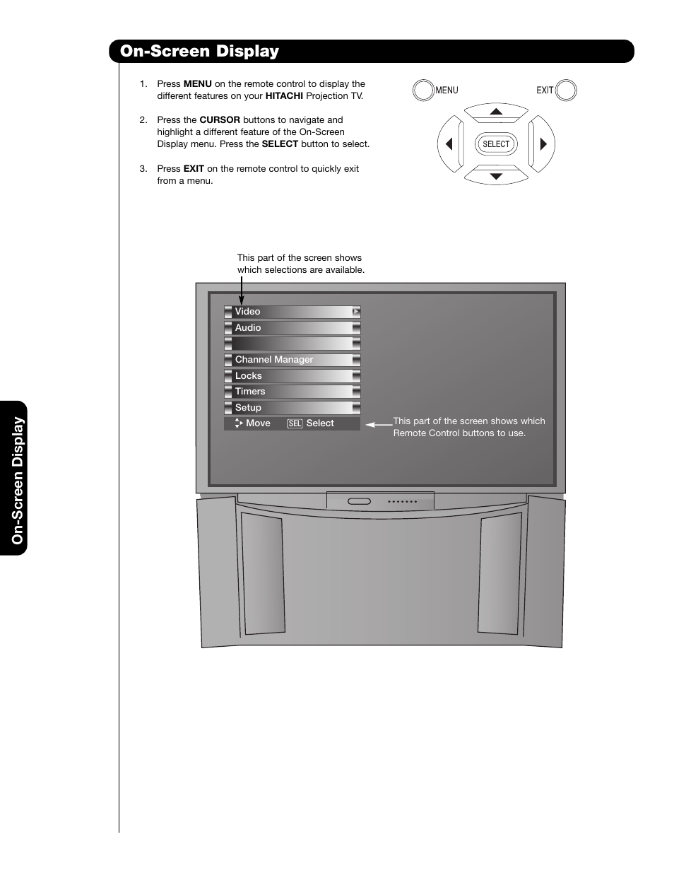On-screen display, On-scr een display | Hitachi 65F59A User Manual | Page 32 / 75