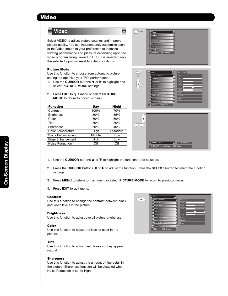 Video, On-scr een display | Hitachi 65F59A User Manual | Page 34 / 75
