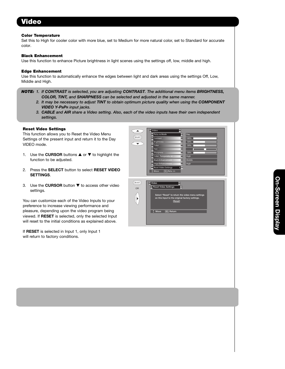 Video, On-sc reen display | Hitachi 65F59A User Manual | Page 35 / 75