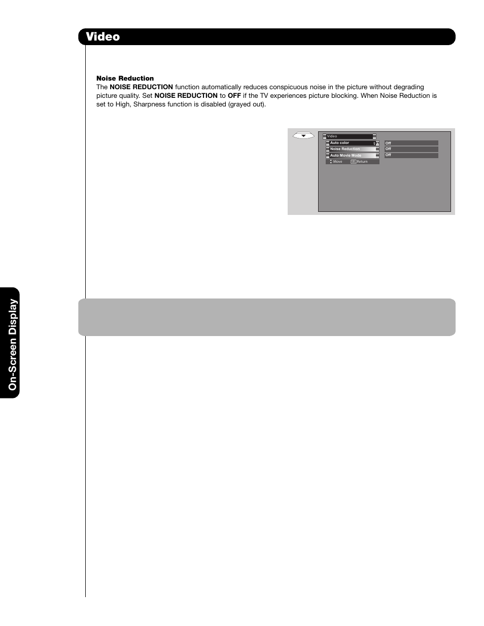 Video, On-scr een display | Hitachi 65F59A User Manual | Page 36 / 75