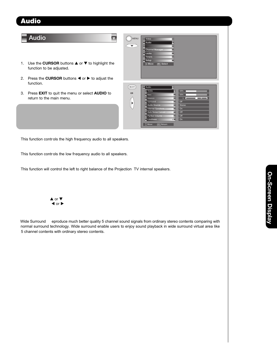 Audio, On-scr een display | Hitachi 65F59A User Manual | Page 37 / 75