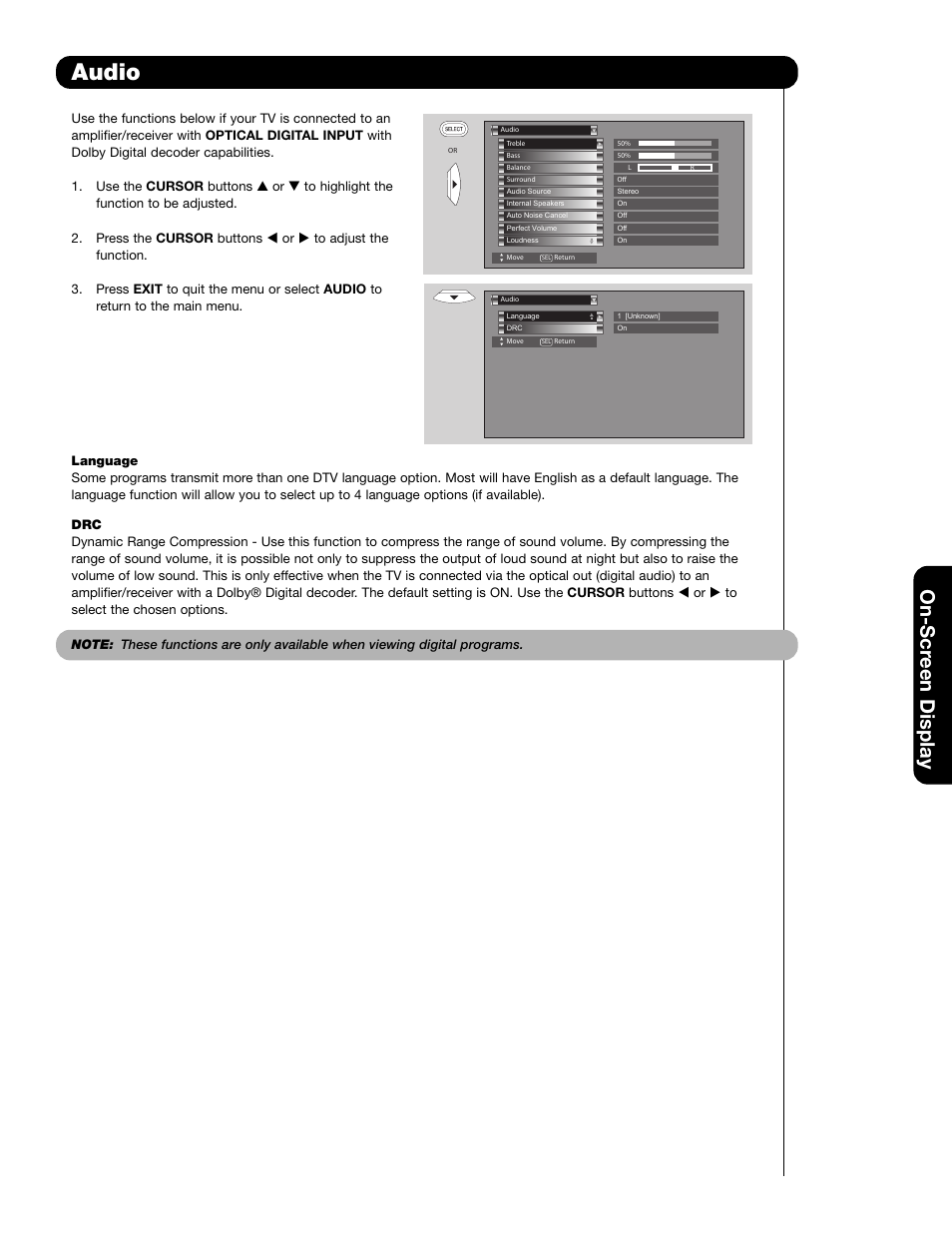 Audio, On-scr een display | Hitachi 65F59A User Manual | Page 39 / 75