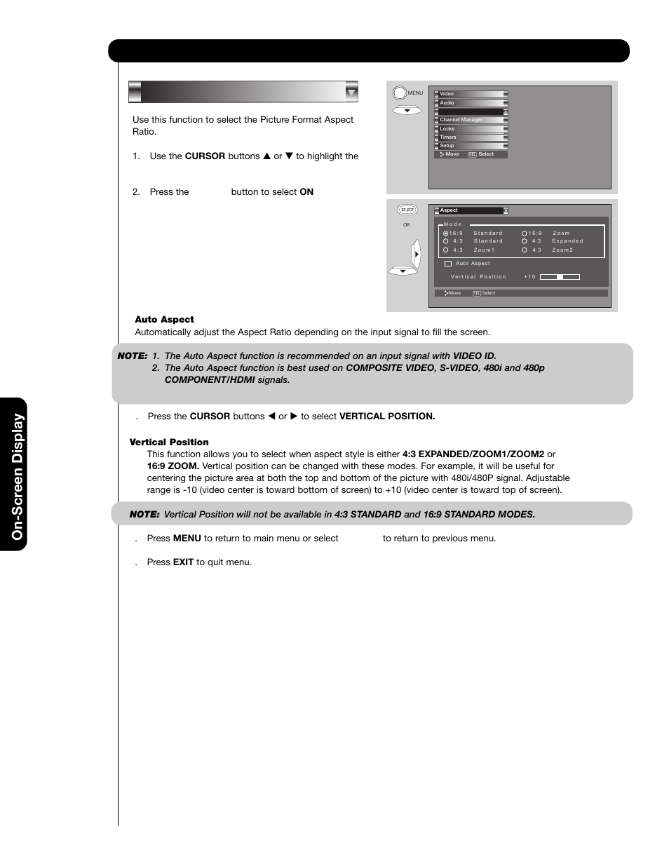 Aspect, On-scr een display | Hitachi 65F59A User Manual | Page 40 / 75