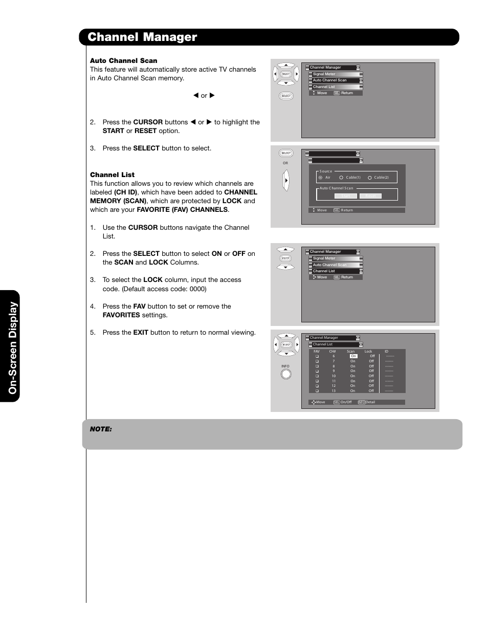 Channel manager, On-scr een display | Hitachi 65F59A User Manual | Page 42 / 75