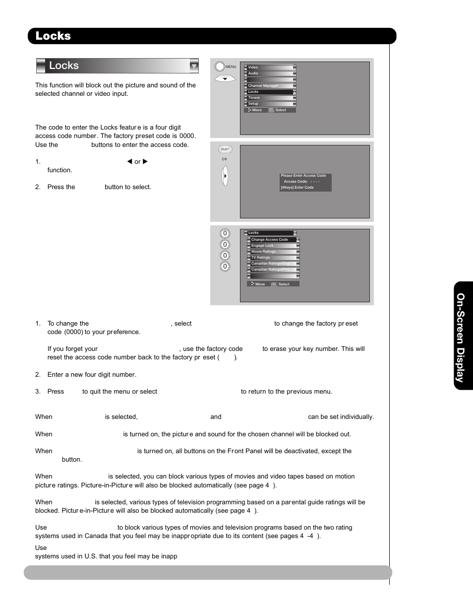 Locks, On-scr een display | Hitachi 65F59A User Manual | Page 43 / 75
