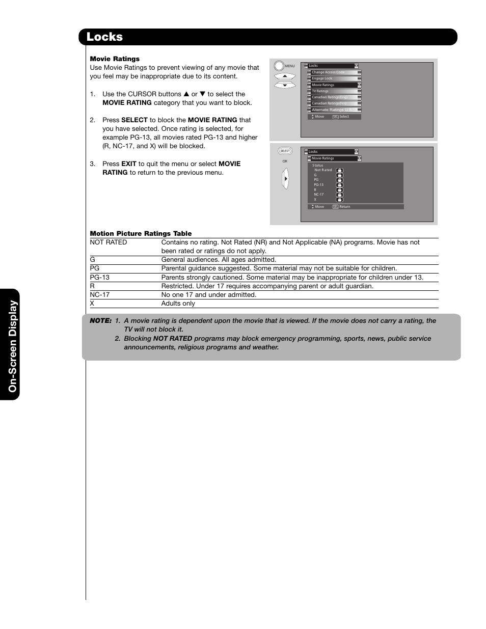 Locks, On-scr een display | Hitachi 65F59A User Manual | Page 44 / 75