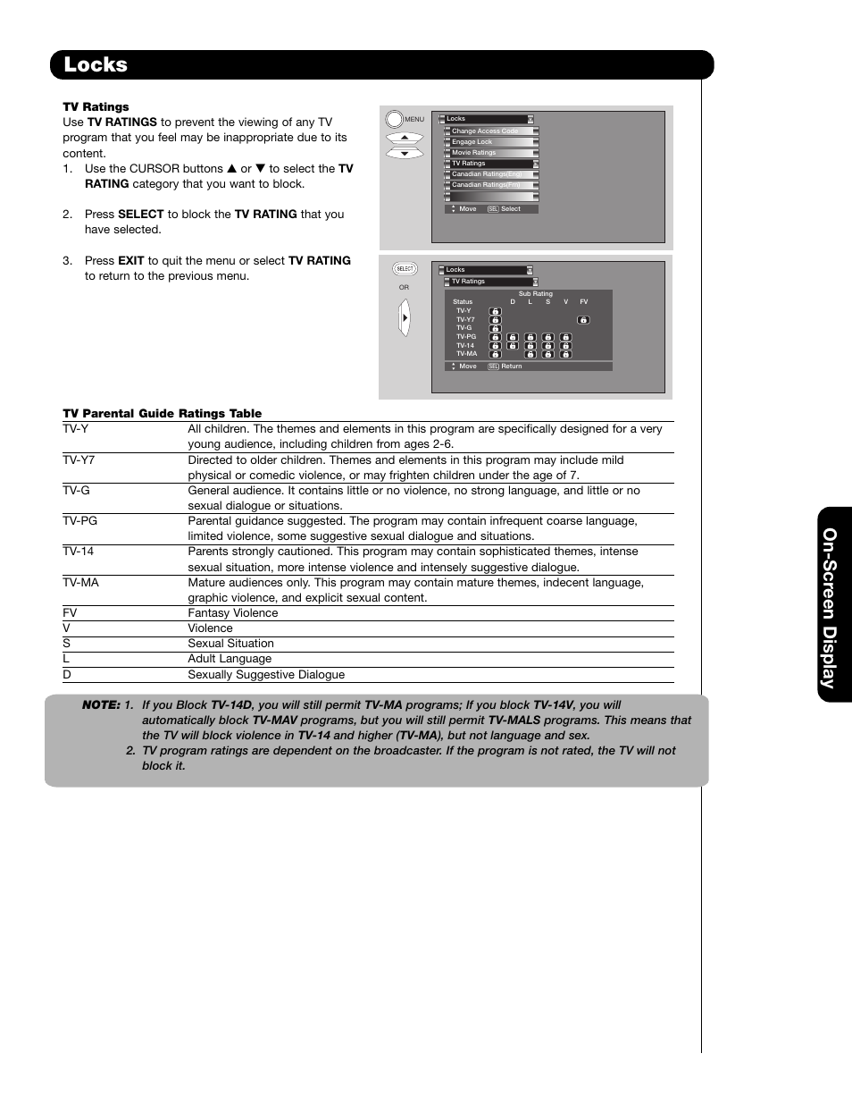 Locks, On-scr een display | Hitachi 65F59A User Manual | Page 45 / 75