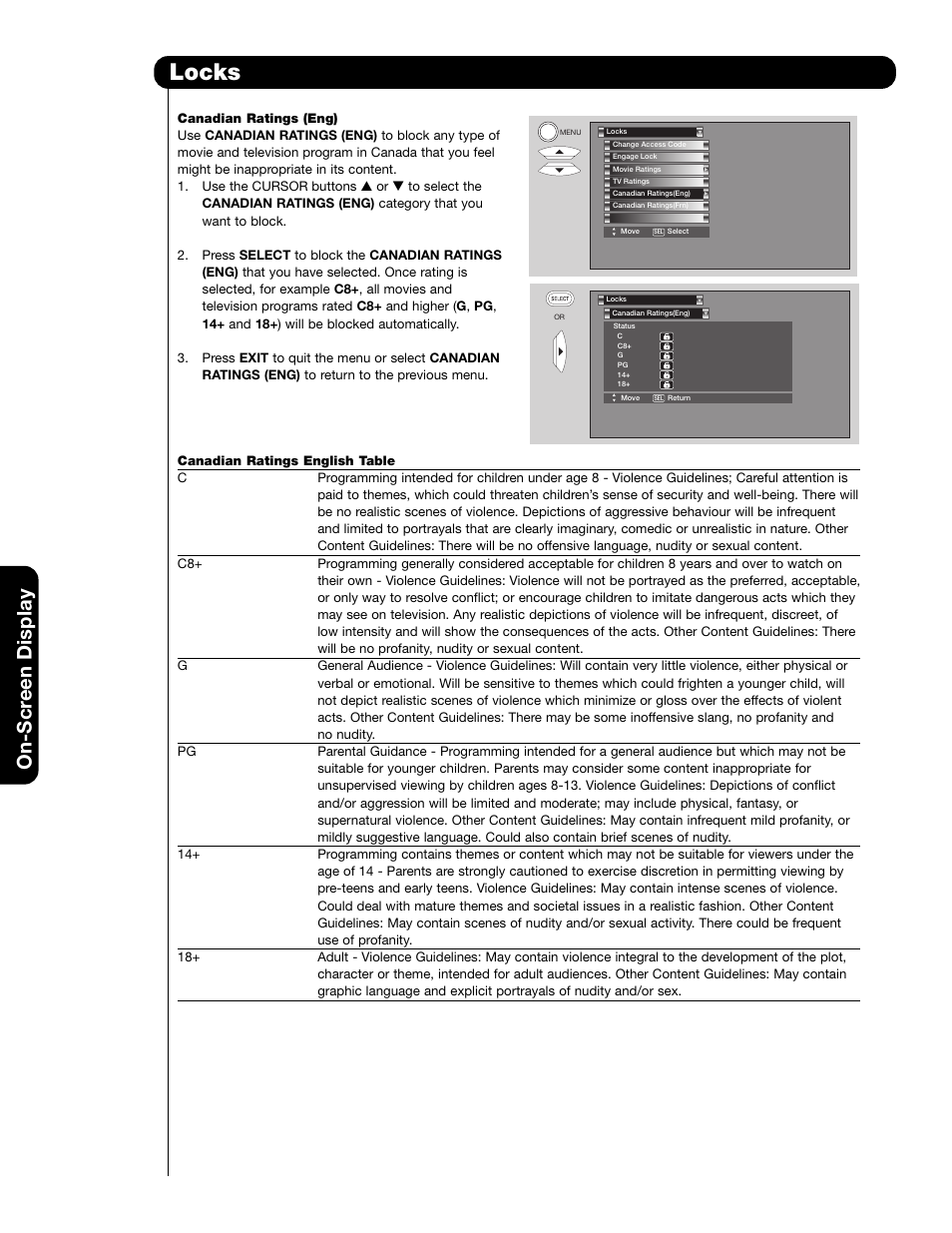 Locks, On-scr een display | Hitachi 65F59A User Manual | Page 46 / 75