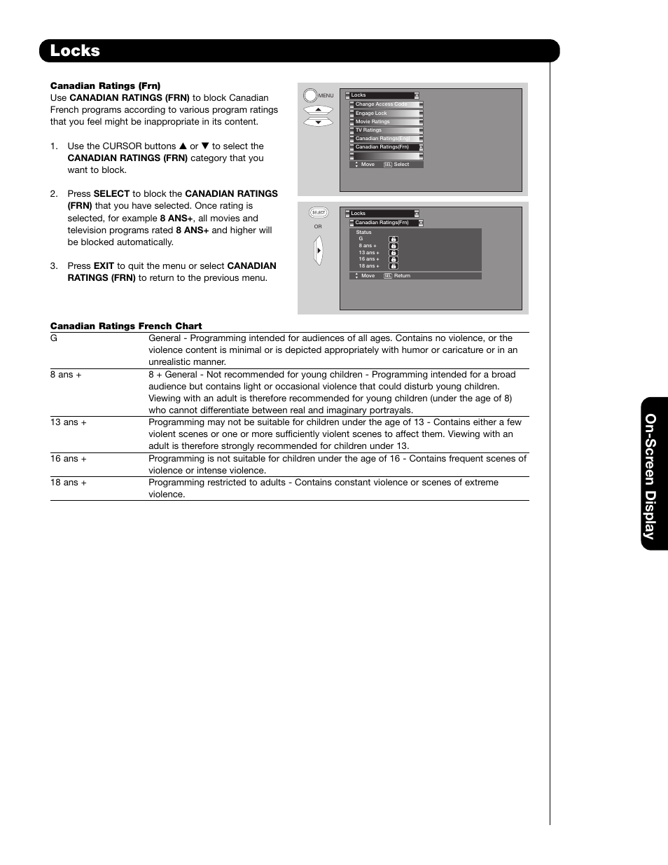 Locks, On-scr een display | Hitachi 65F59A User Manual | Page 47 / 75