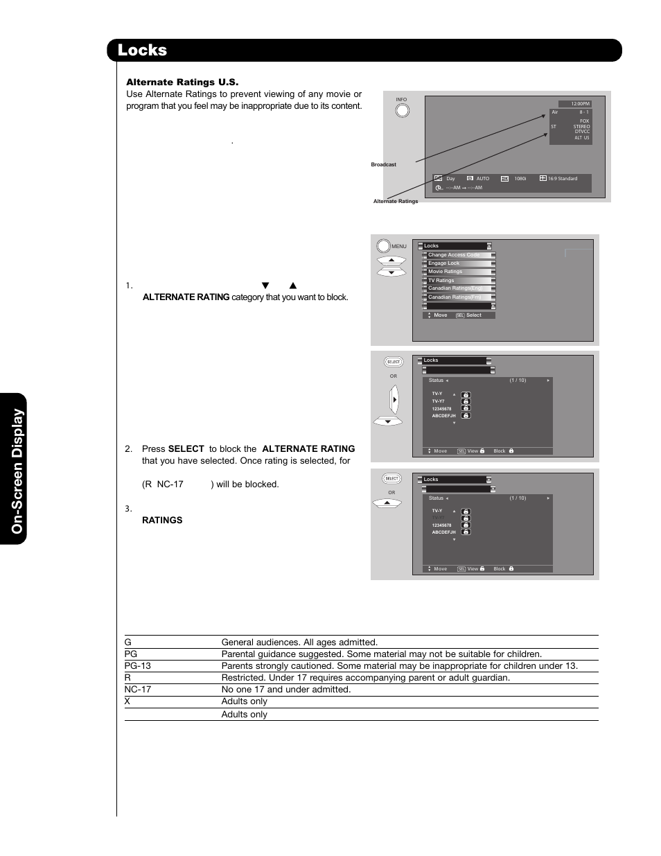 Locks, On-scr een display, Alternate ratings (example only) | Y adults only | Hitachi 65F59A User Manual | Page 48 / 75