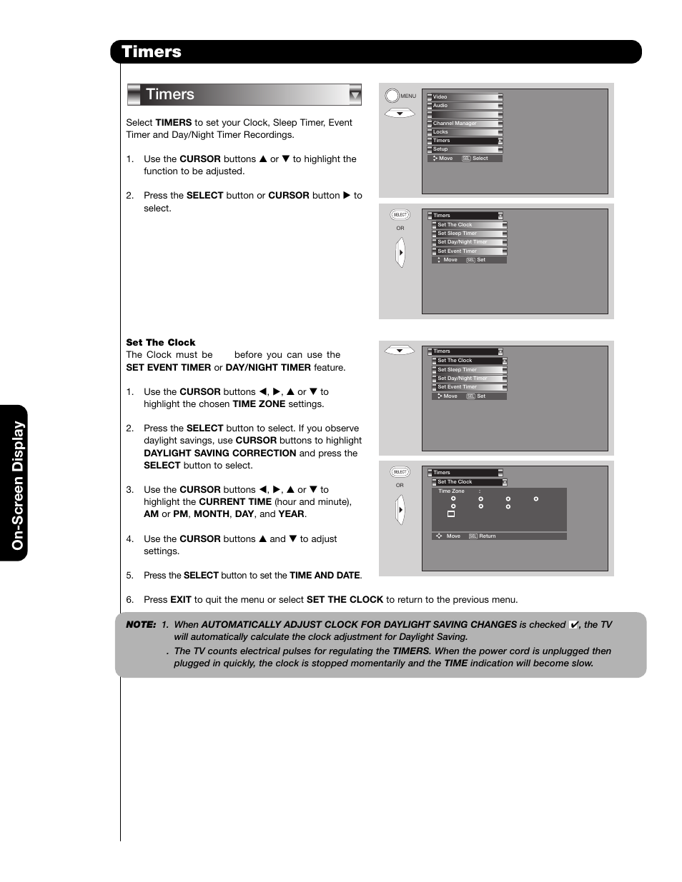 Timers, On-scr een display | Hitachi 65F59A User Manual | Page 50 / 75