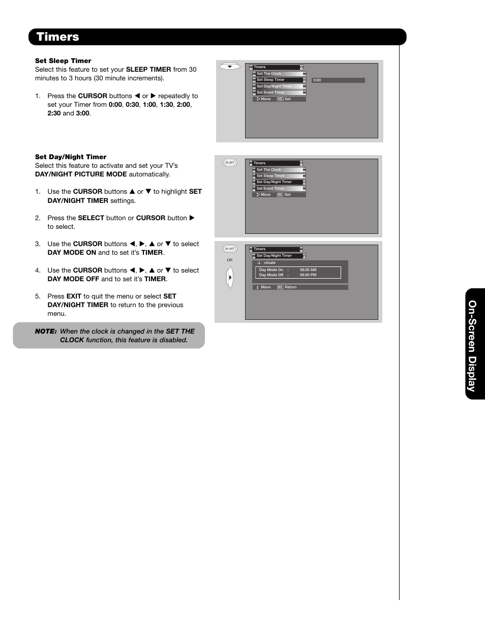 Timers, On-scr een display | Hitachi 65F59A User Manual | Page 51 / 75