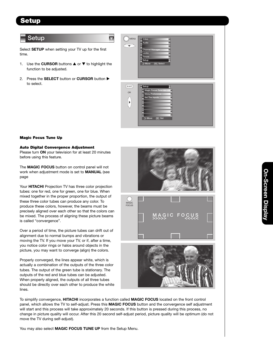 Setup, On-scr een display | Hitachi 65F59A User Manual | Page 53 / 75