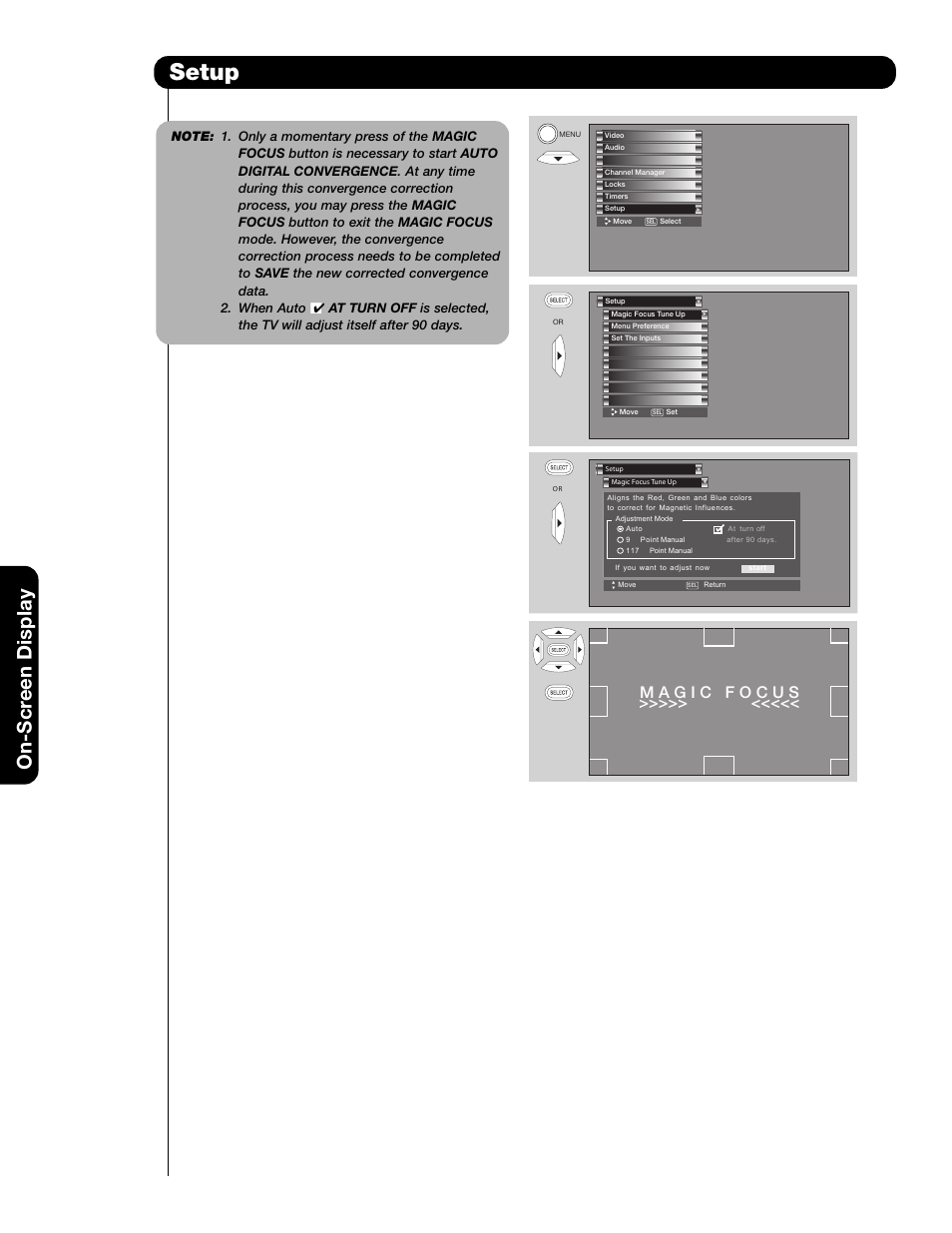 Setup, On-scr een display | Hitachi 65F59A User Manual | Page 54 / 75