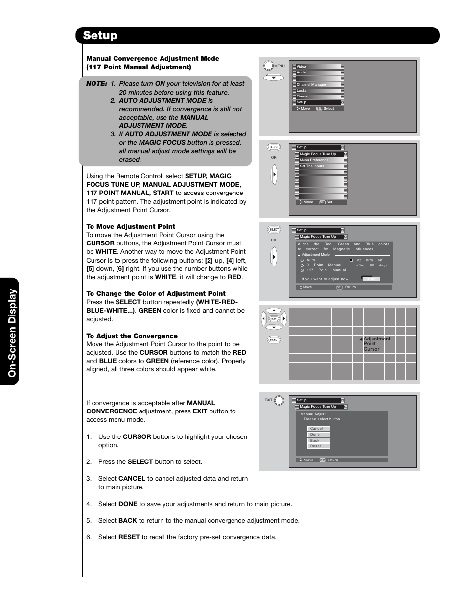 Setup, On-scr een display | Hitachi 65F59A User Manual | Page 56 / 75