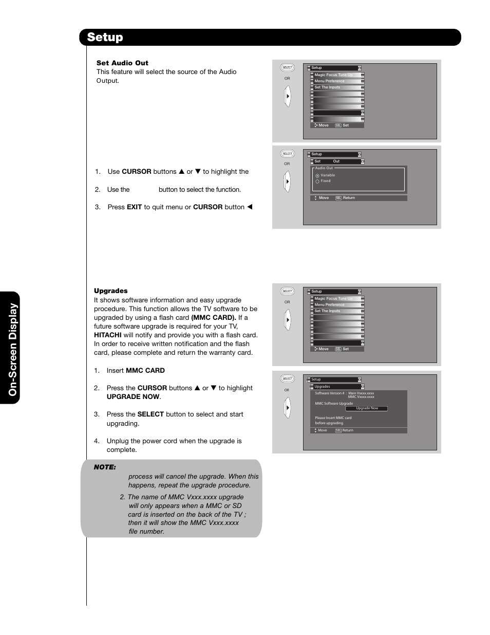 Setup, On-scr een display | Hitachi 65F59A User Manual | Page 60 / 75