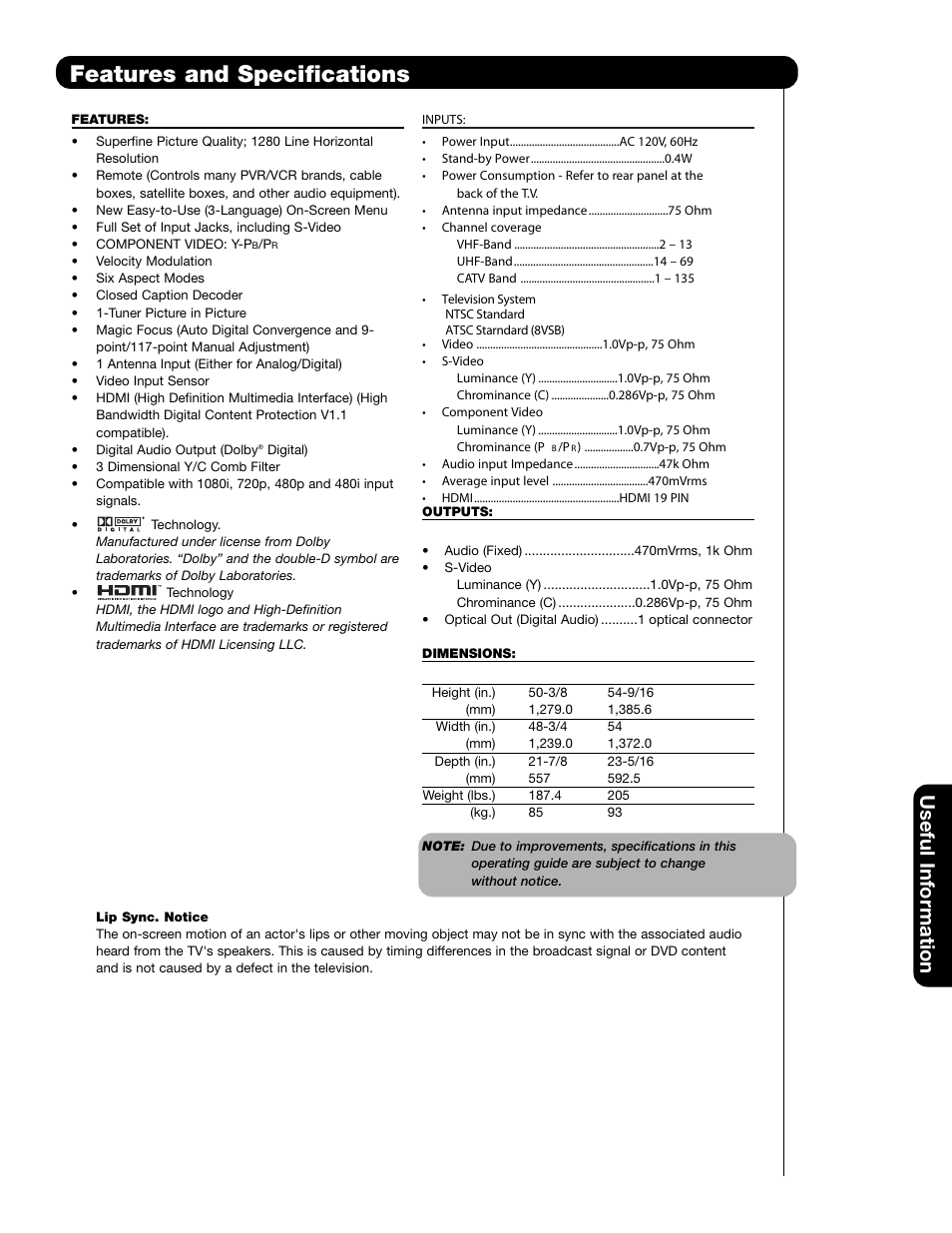 Features and specifications, Useful information | Hitachi 65F59A User Manual | Page 69 / 75