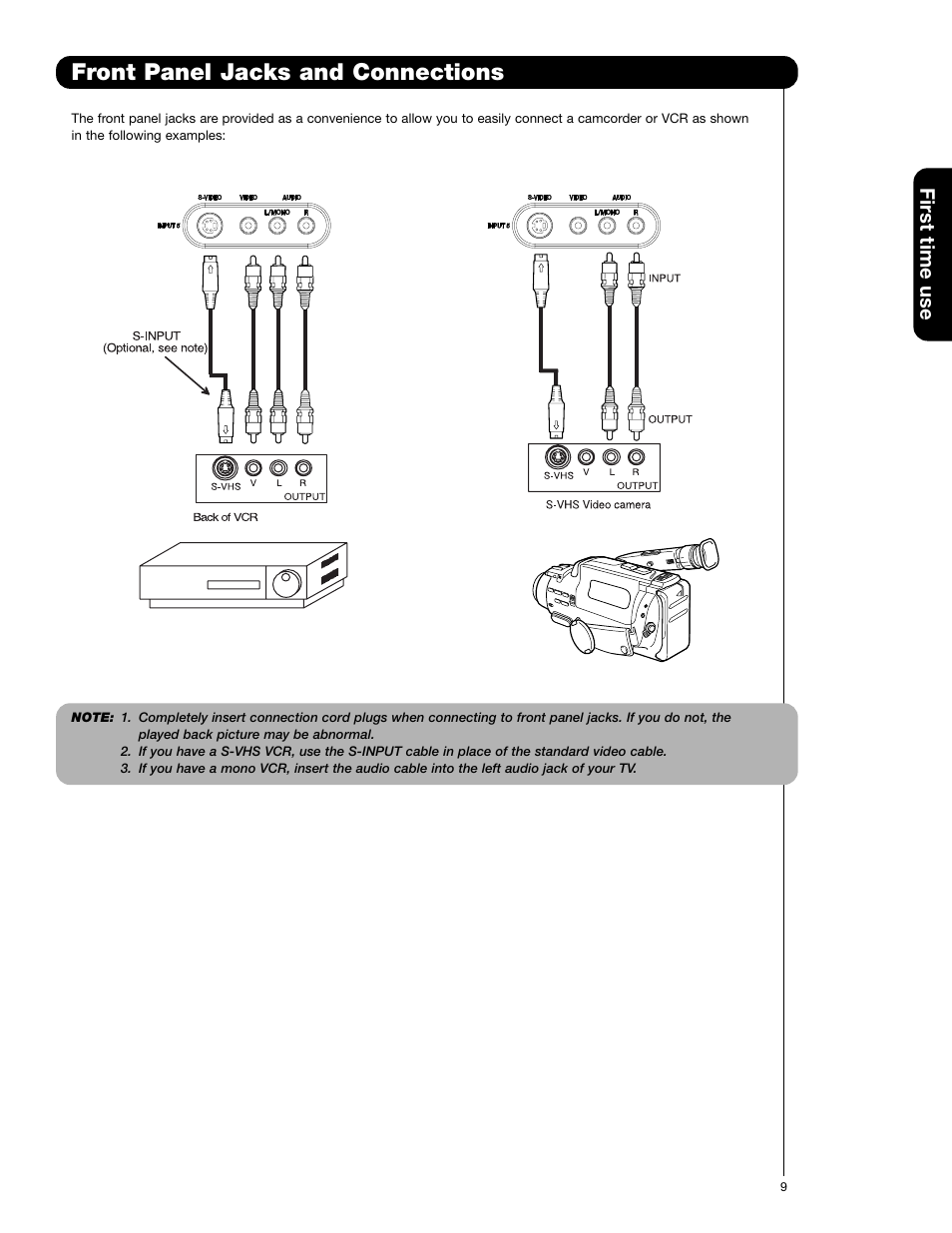 Front panel jacks and connections, First time use | Hitachi 65F59A User Manual | Page 9 / 75