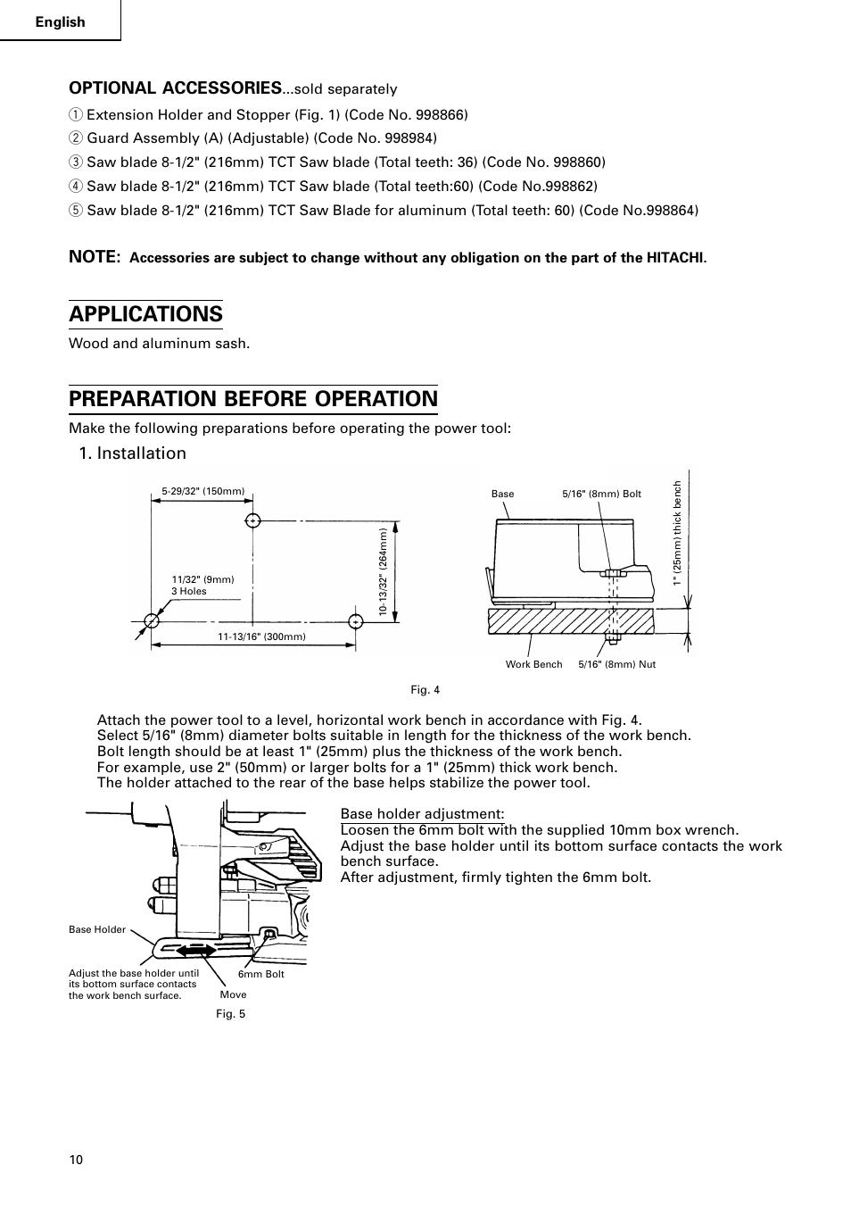 Applications, Preparation before operation, Optional accessories | Installation | Hitachi C 8FB2 User Manual | Page 10 / 76