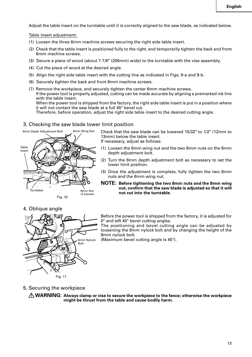 Checking the saw blade lower limit position, Oblique angle, Securing the workpiece warning | Hitachi C 8FB2 User Manual | Page 13 / 76
