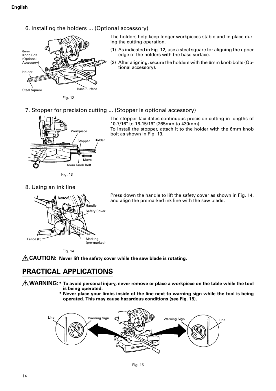 Practical applications, Installing the holders ... (optional accessory), Using an ink line | Caution, Warning | Hitachi C 8FB2 User Manual | Page 14 / 76