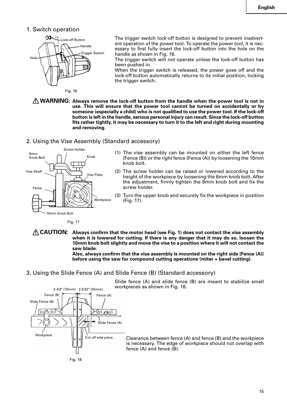 Switch operation, Warning, Using the vise assembly (standard accessory) | Caution | Hitachi C 8FB2 User Manual | Page 15 / 76