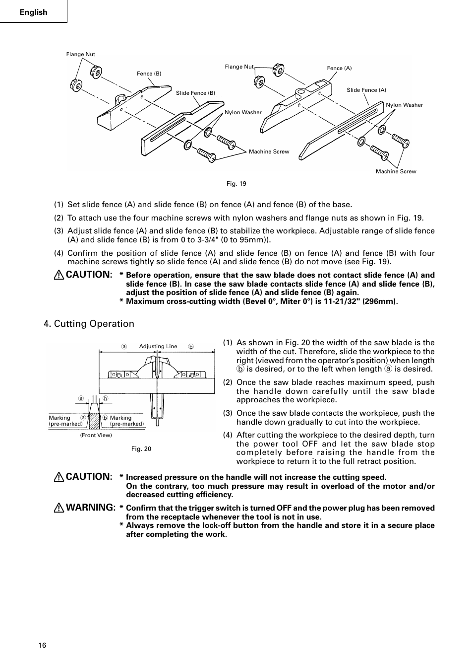 Caution, Cutting operation, Warning | Hitachi C 8FB2 User Manual | Page 16 / 76