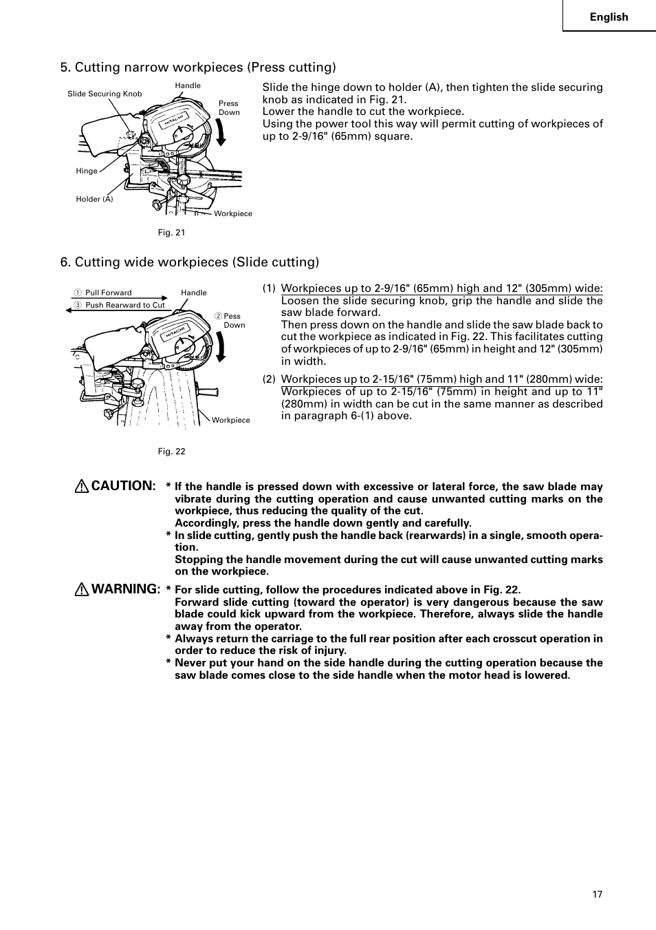 Cutting narrow workpieces (press cutting), Cutting wide workpieces (slide cutting), Caution | Warning | Hitachi C 8FB2 User Manual | Page 17 / 76