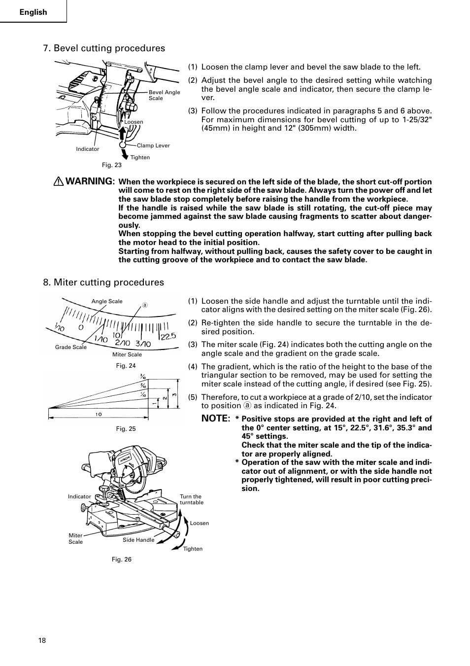 Bevel cutting procedures, Warning, Miter cutting procedures | Hitachi C 8FB2 User Manual | Page 18 / 76
