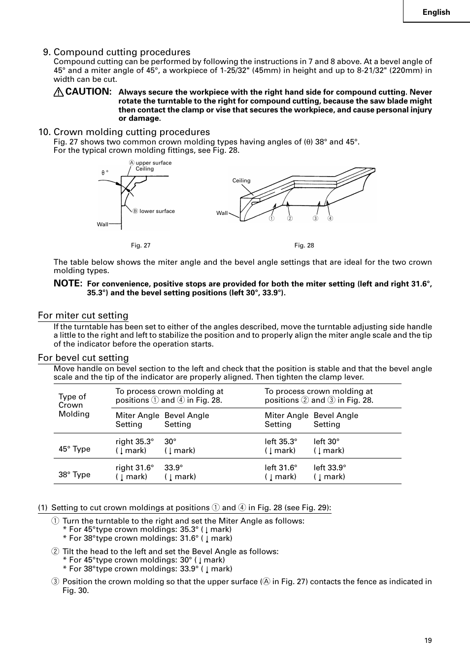 Compound cutting procedures, Caution, Crown molding cutting procedures | For miter cut setting, For bevel cut setting | Hitachi C 8FB2 User Manual | Page 19 / 76