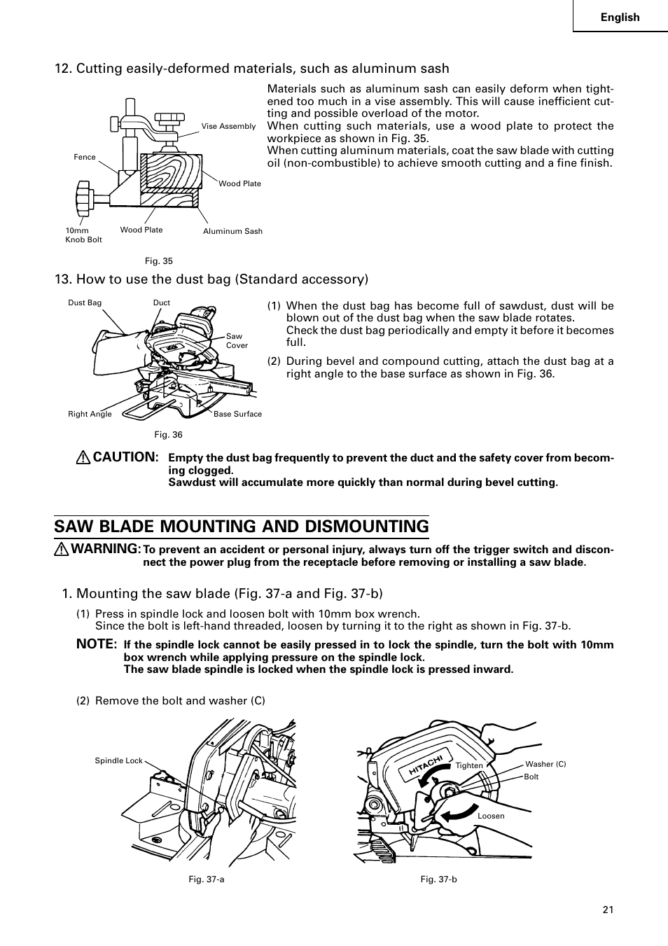 Saw blade mounting and dismounting, How to use the dust bag (standard accessory), Caution | Warning, Mounting the saw blade (fig. 37-a and fig. 37-b) | Hitachi C 8FB2 User Manual | Page 21 / 76