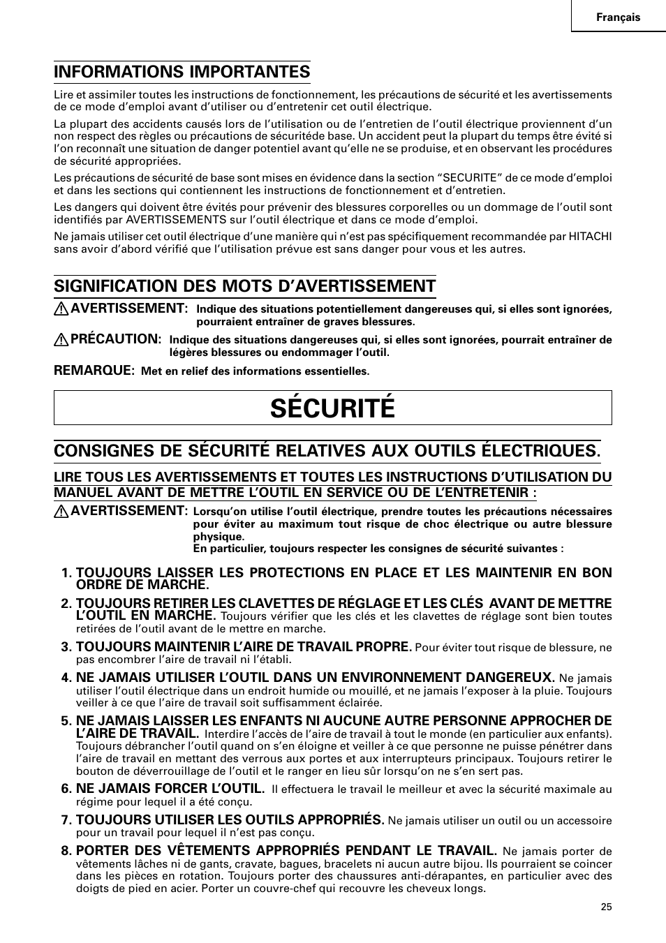 〲䙲敟䌸䙂㉟啓, Sécurité, Informations importantes | Signification des mots d’avertissement | Hitachi C 8FB2 User Manual | Page 25 / 76
