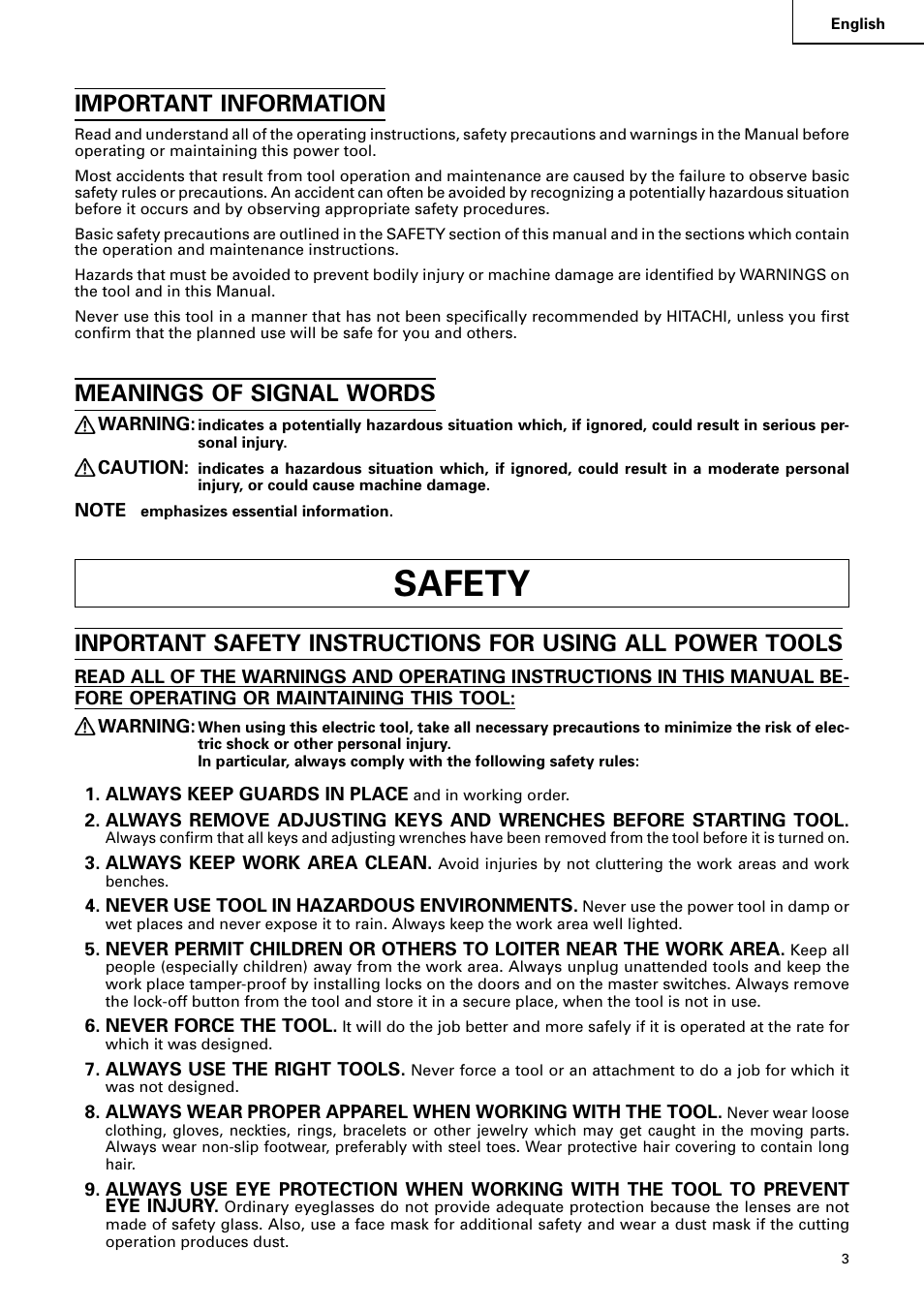〱䕮束䌸䙂㉟啓, Safety, Important information | Meanings of signal words | Hitachi C 8FB2 User Manual | Page 3 / 76