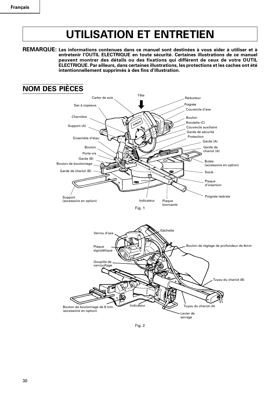 Utilisation et entretien, Nom des pièces, Remarque | Français | Hitachi C 8FB2 User Manual | Page 30 / 76