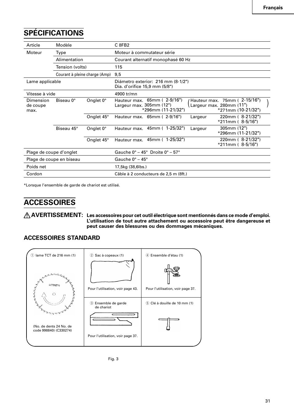 Spécifications, Accessoires, Avertissement | Accessoires standard | Hitachi C 8FB2 User Manual | Page 31 / 76