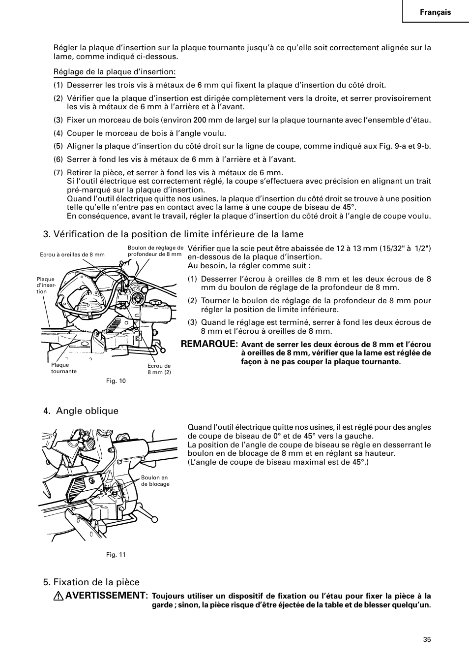 Remarque, Angle oblique, Fixation de la pièce avertissement | Hitachi C 8FB2 User Manual | Page 35 / 76