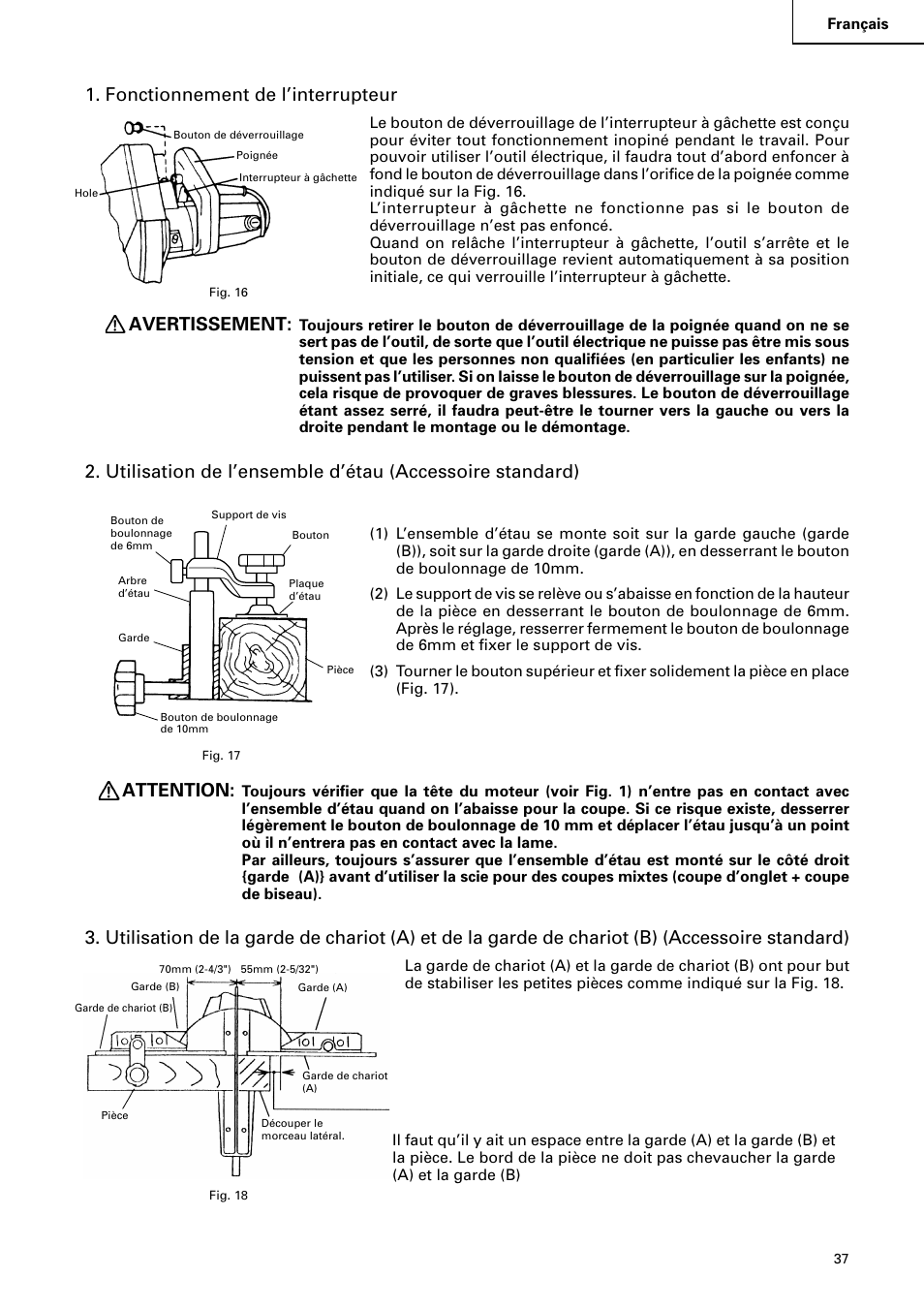 Fonctionnement de l’interrupteur, Avertissement, Attention | Hitachi C 8FB2 User Manual | Page 37 / 76
