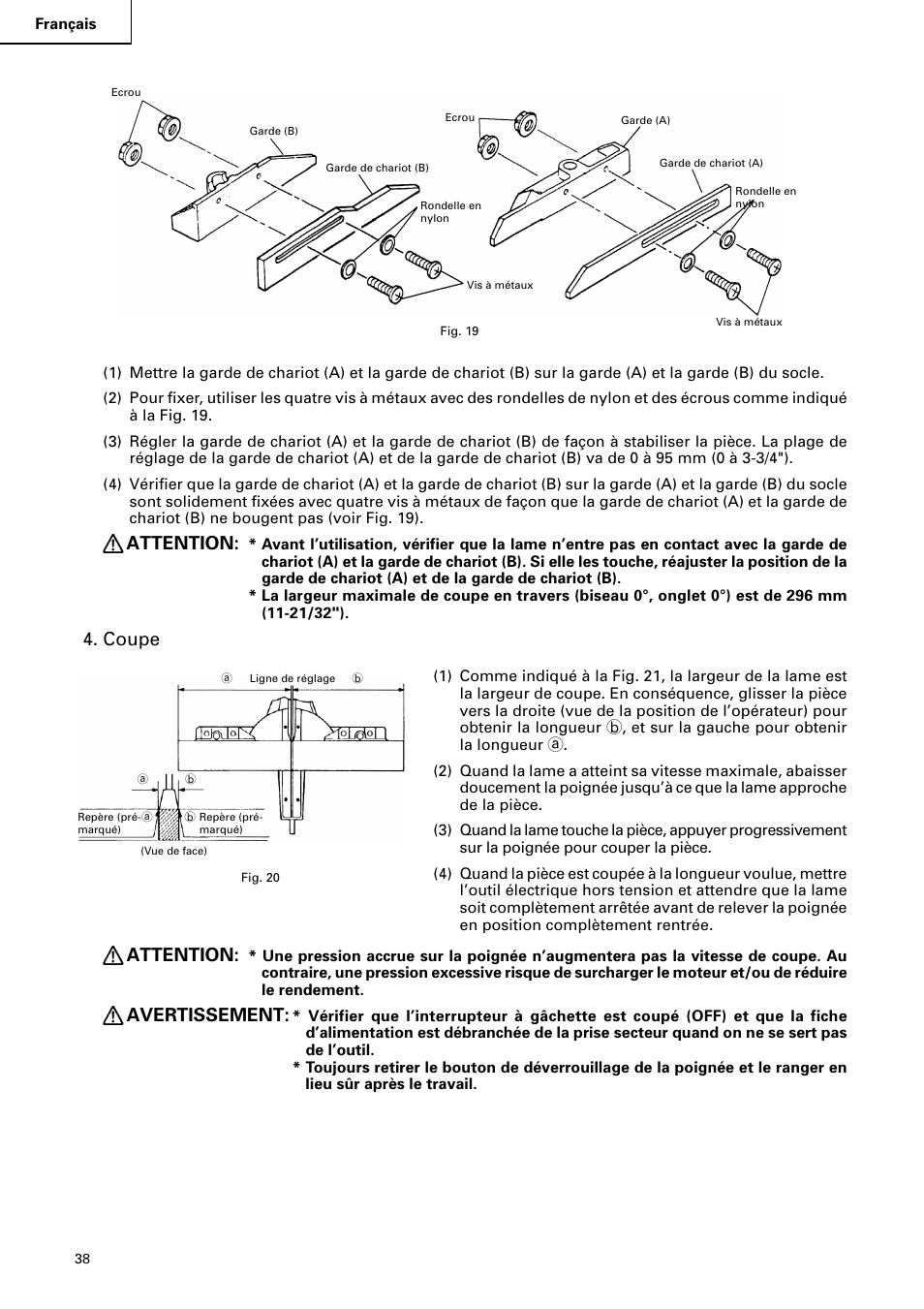 Attention, Coupe, Avertissement | Hitachi C 8FB2 User Manual | Page 38 / 76