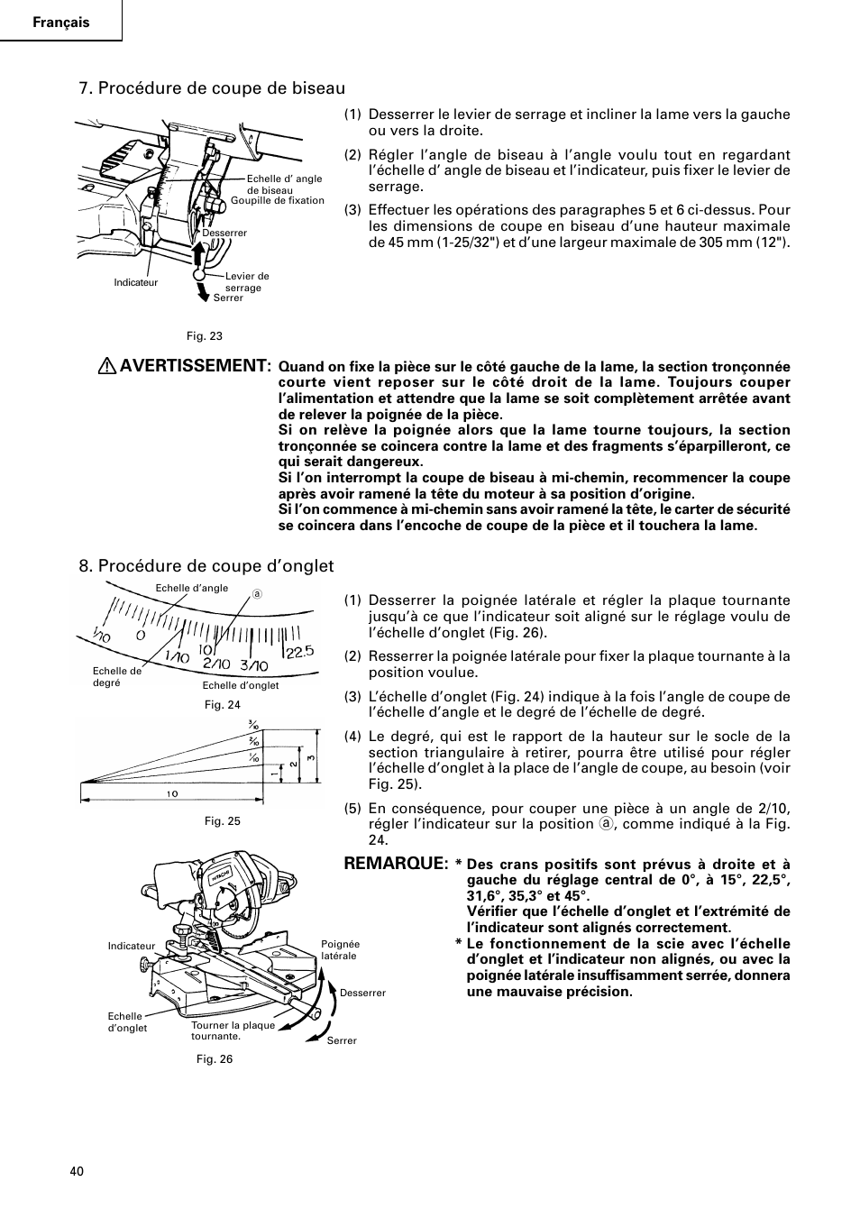 Procédure de coupe de biseau, Avertissement, Procédure de coupe d’onglet | Remarque | Hitachi C 8FB2 User Manual | Page 40 / 76