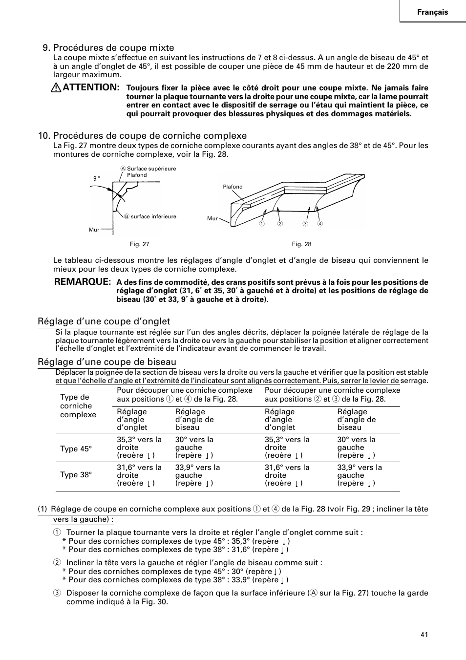 Procédures de coupe mixte, Attention, Procédures de coupe de corniche complexe | Remarque, Réglage d’une coupe d’onglet, Réglage d’une coupe de biseau | Hitachi C 8FB2 User Manual | Page 41 / 76