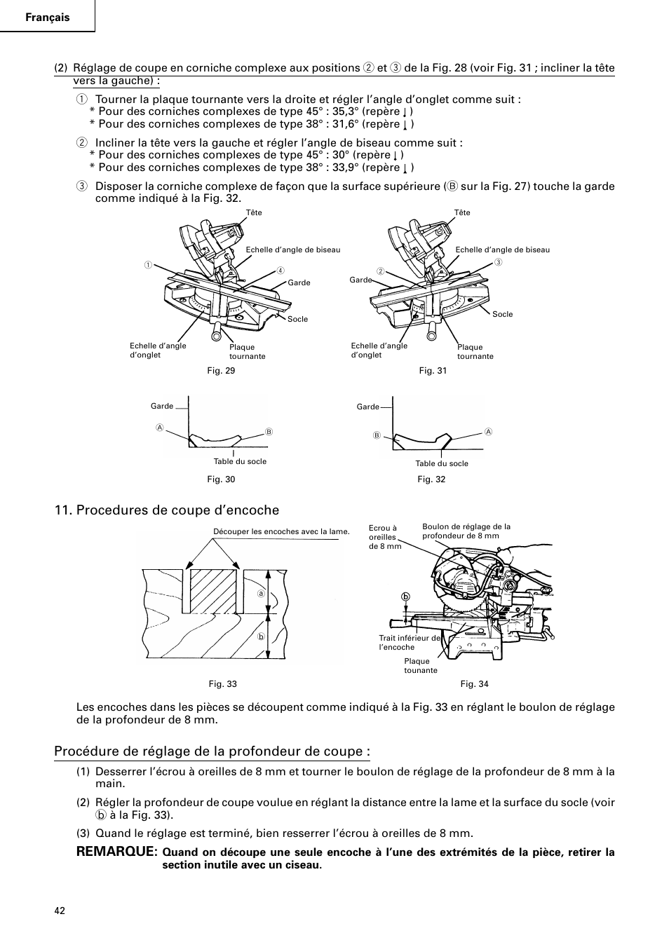 Procedures de coupe d’encoche, Procédure de réglage de la profondeur de coupe, Remarque | Hitachi C 8FB2 User Manual | Page 42 / 76