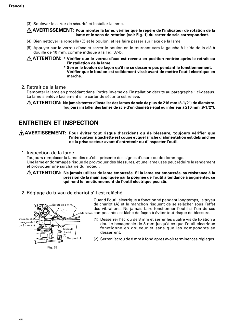 Entretien et inspection | Hitachi C 8FB2 User Manual | Page 44 / 76