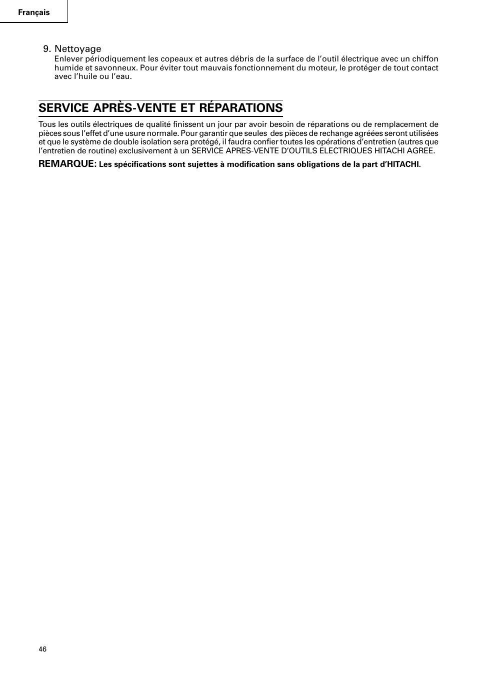 Service après-vente et réparations | Hitachi C 8FB2 User Manual | Page 46 / 76