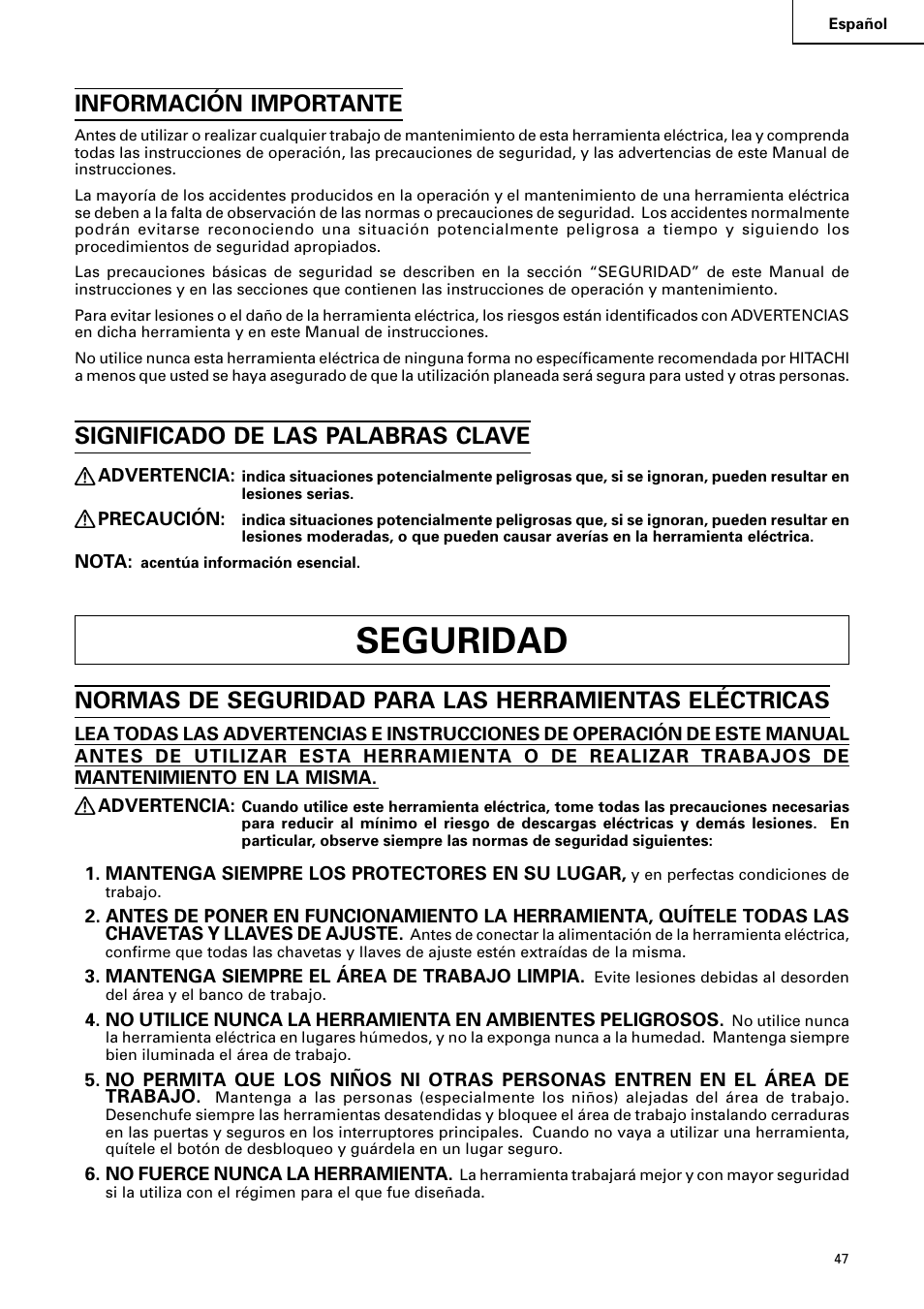 〳印慟䌸䙂㉟啓, Seguridad, Información importante | Significado de las palabras clave | Hitachi C 8FB2 User Manual | Page 47 / 76