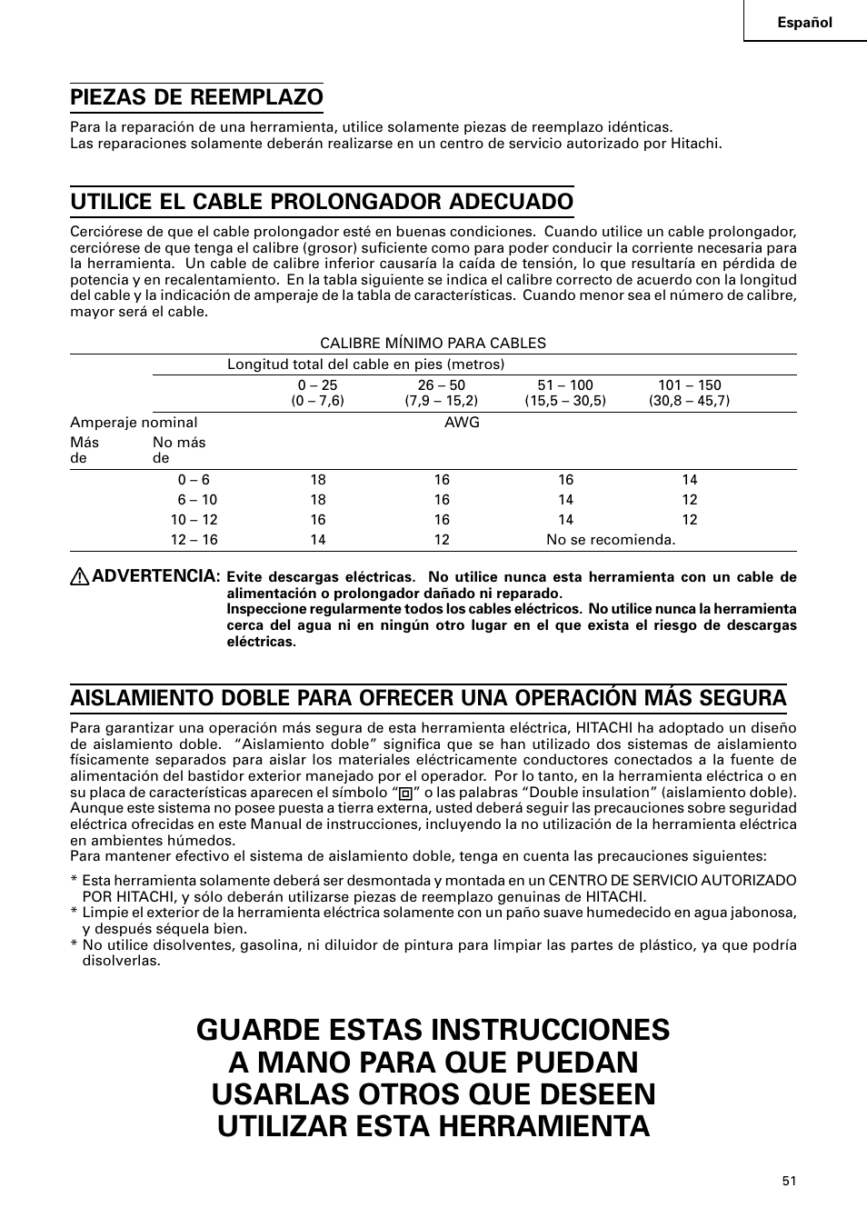 Piezas de reemplazo, Utilice el cable prolongador adecuado | Hitachi C 8FB2 User Manual | Page 51 / 76