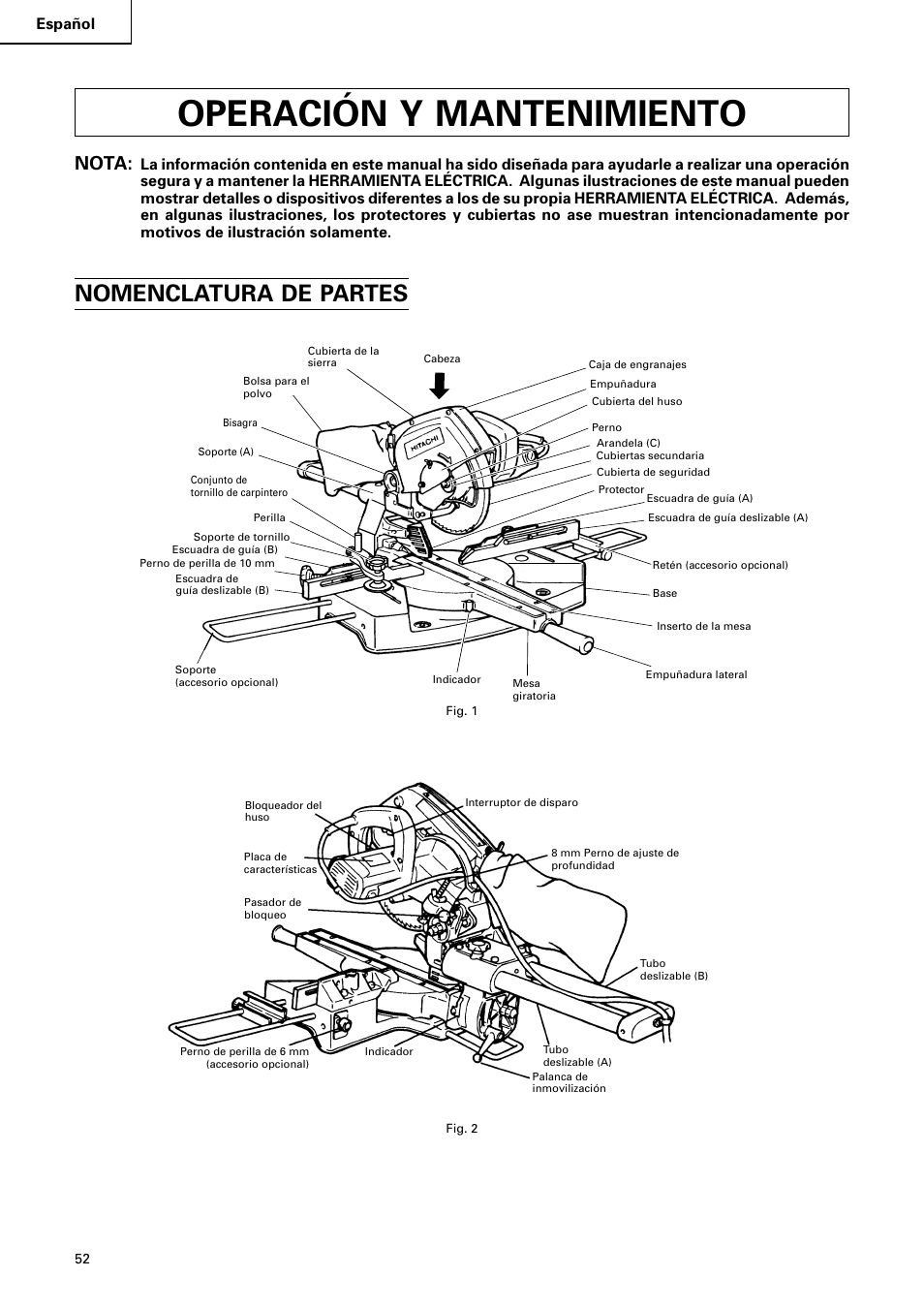 Operación y mantenimiento, Nomenclatura de partes, Nota | Español | Hitachi C 8FB2 User Manual | Page 52 / 76