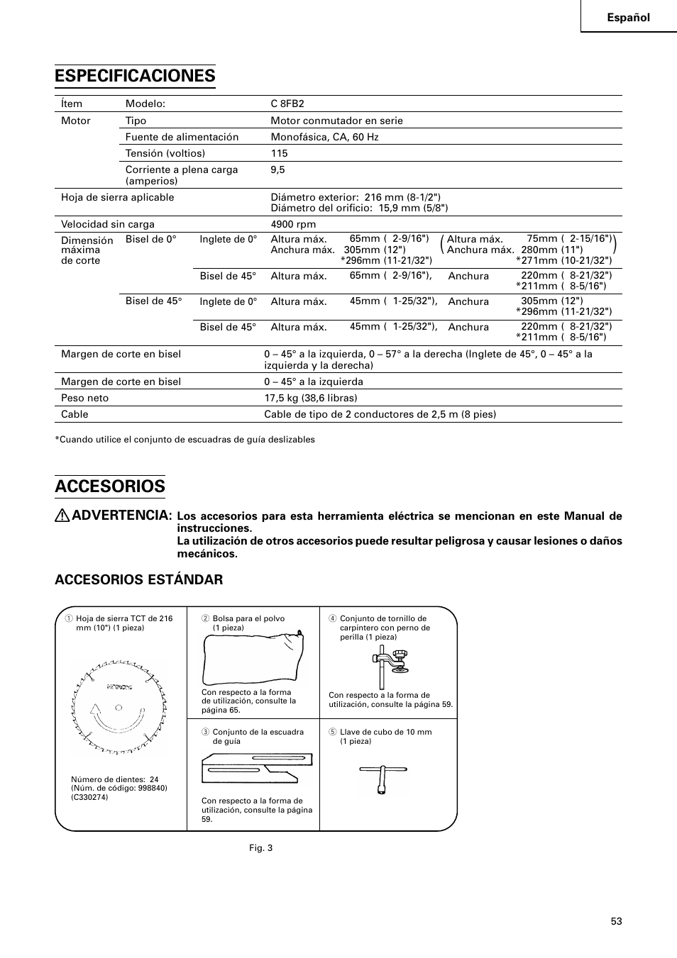 Especificaciones, Accesorios, Advertencia | Accesorios estándar | Hitachi C 8FB2 User Manual | Page 53 / 76