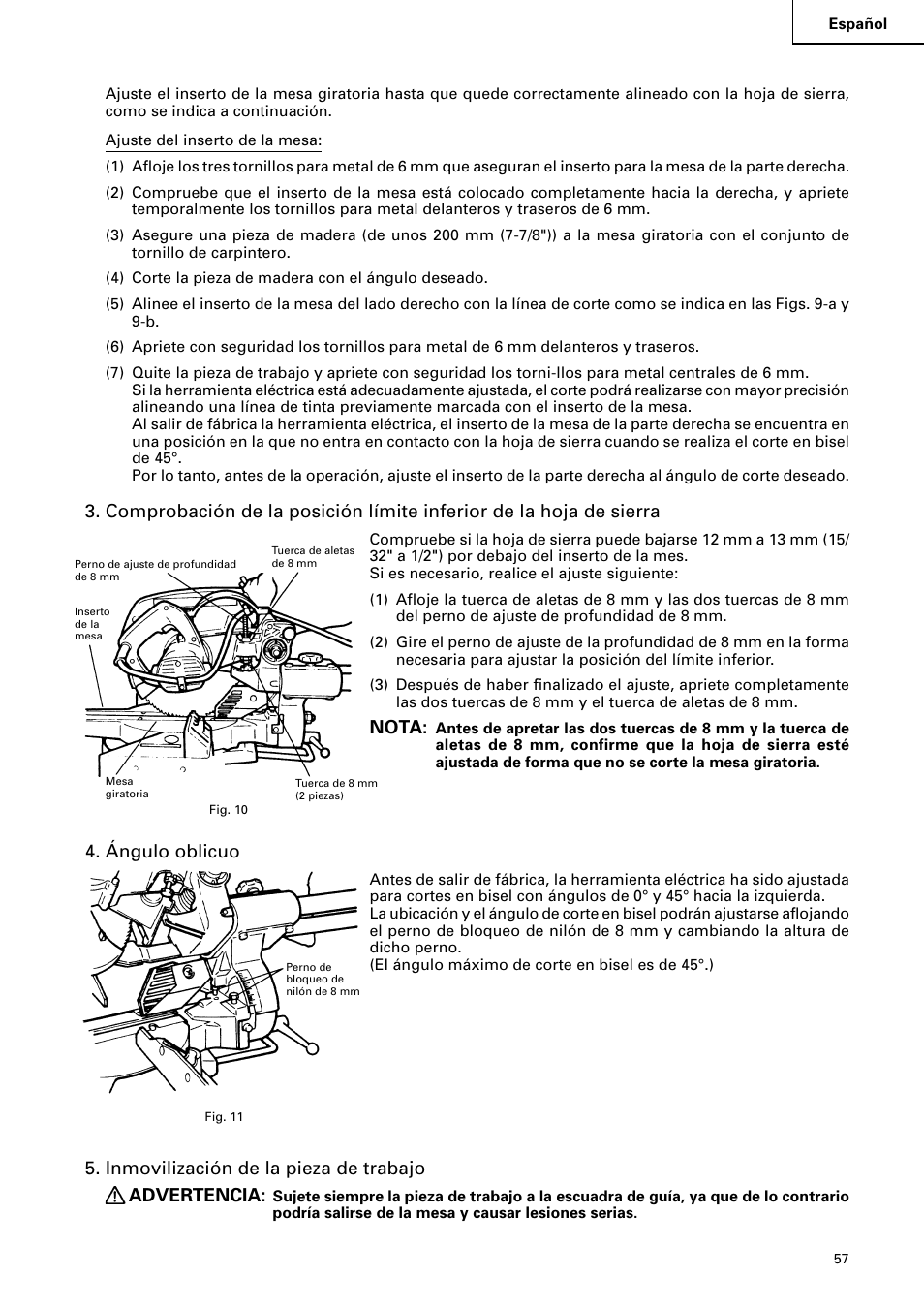 Nota, Ángulo oblicuo, Inmovilización de la pieza de trabajo advertencia | Hitachi C 8FB2 User Manual | Page 57 / 76
