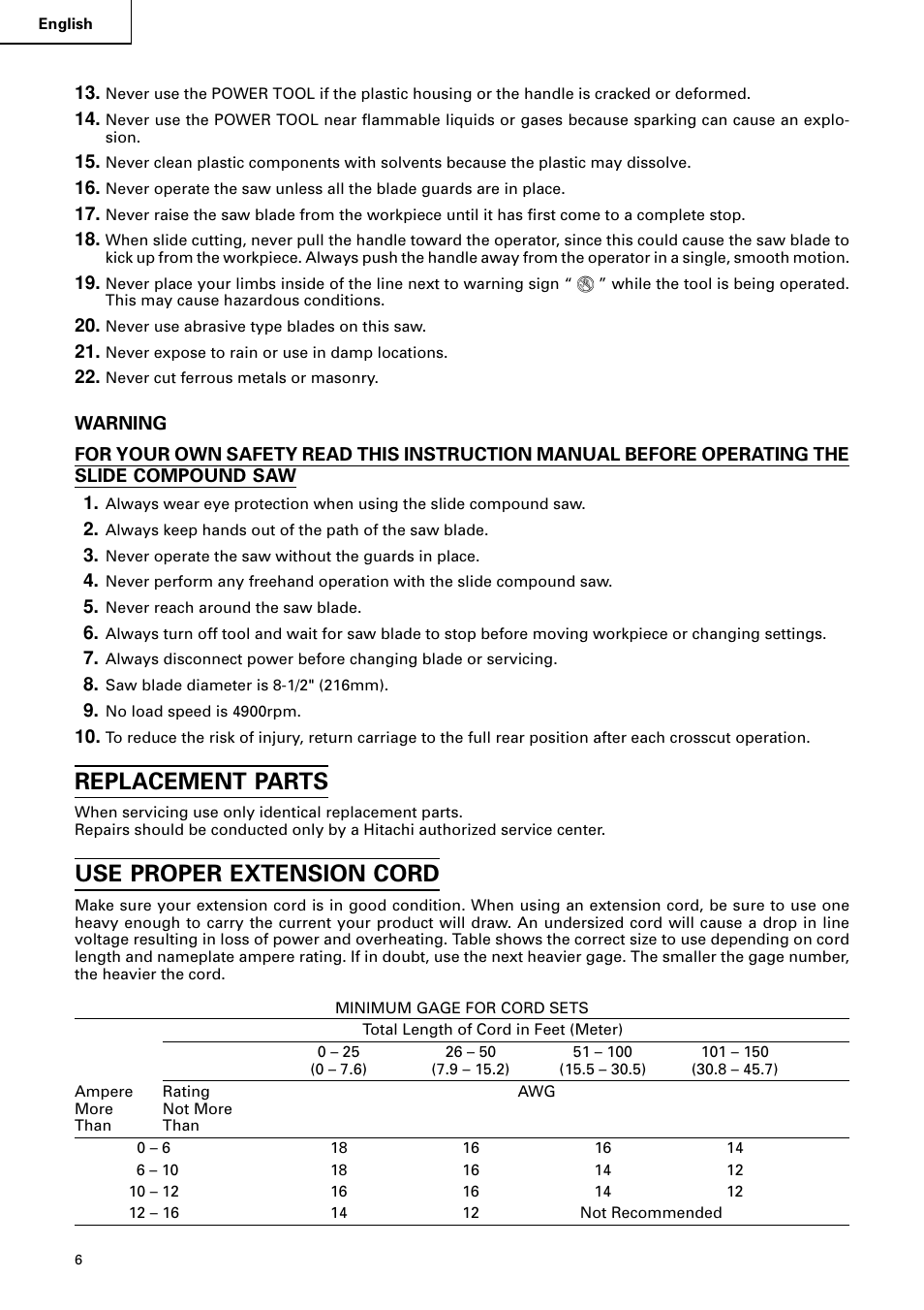 Replacement parts, Use proper extension cord | Hitachi C 8FB2 User Manual | Page 6 / 76